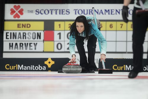 Sports, Curling. Kerri Einarson gets ready to throw her rock while playing against Janet Harvey Friday night at the Winkler Arena during the Scotties Tournament of Hearts. Jan 23, 2015 Ruth Bonneville / Winnipeg Free Press