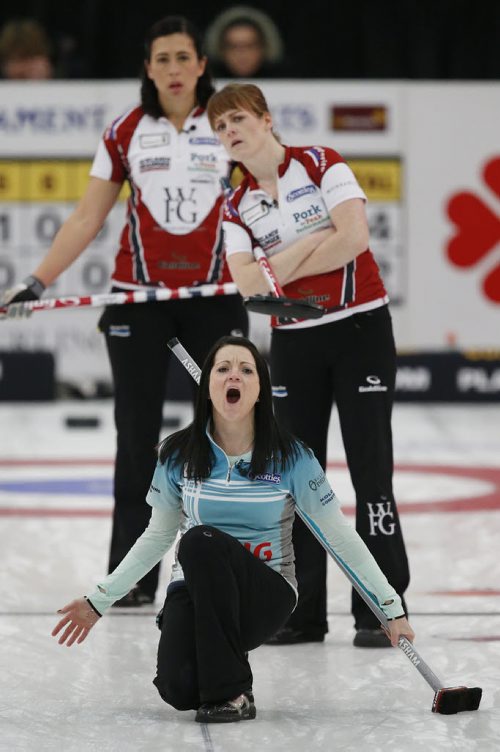 January 25, 2015 - 150125  - Kerri Einarson reacts to her shot as Jill Officer (L) and Dawn McEwan look on in the final of the Scotties tournament in Winkler Sunday, January 25, 2015. John Woods / Winnipeg Free Press