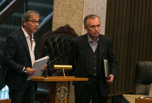 Bob Silver (left), chair of RBC Convention Centre, presents at a special EPC meeting with council Roger Kingregarding the convention centre hotel deal. January 26, 2015 (Melissa Tait / Winnipeg Free Press)