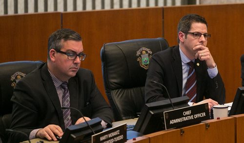 Acting chief operating officer Michael Jack (left) with Mayor Brian Bowman during a special Executive Policy Committee meeting regarding the convention centre hotel deal. January 26, 2015 (Melissa Tait / Winnipeg Free Press)