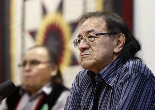 At right, Dennis White Bird, advisor for the Assembly of Manitoba Chiefs and Southern Chiefs' Grand Chief Terrance Nelson respond to implementation report for the legacy of Phoenix Sinclair at a news conference Tuesday. Alex Paul story Wayne Glowacki/Winnipeg Free Press Jan. 27 2015