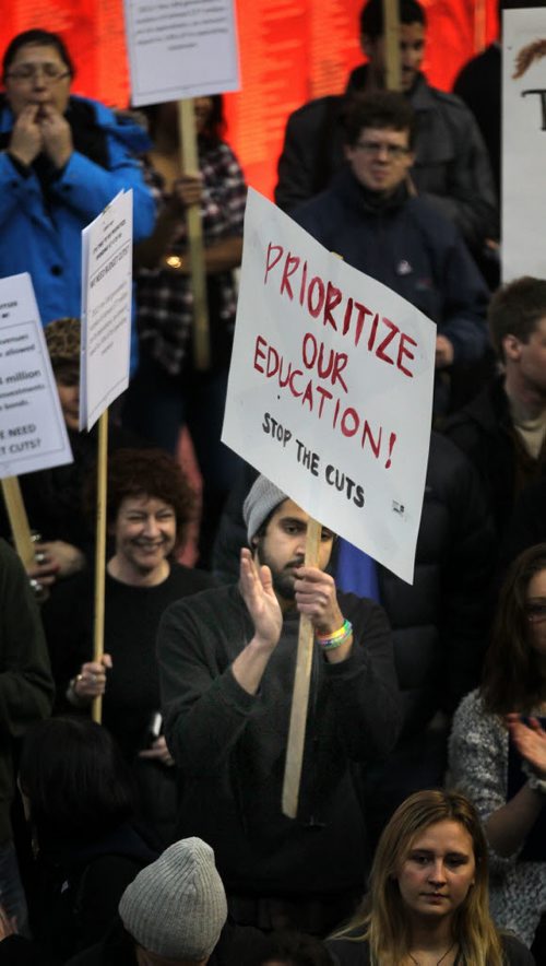 Staff and students gathered at the U of M's Engineering Faculty atrium to protest funding cuts at the Univercity. See Nick Martin's story. January 27, 2015 - (Phil Hossack / Winnipeg Free Press)