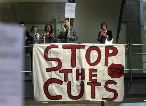 Staff and students gathered at the U of M's Engineering Faculty atrium to protest funding cuts at the Univercity. See Nick Martin's story. January 27, 2015 - (Phil Hossack / Winnipeg Free Press)