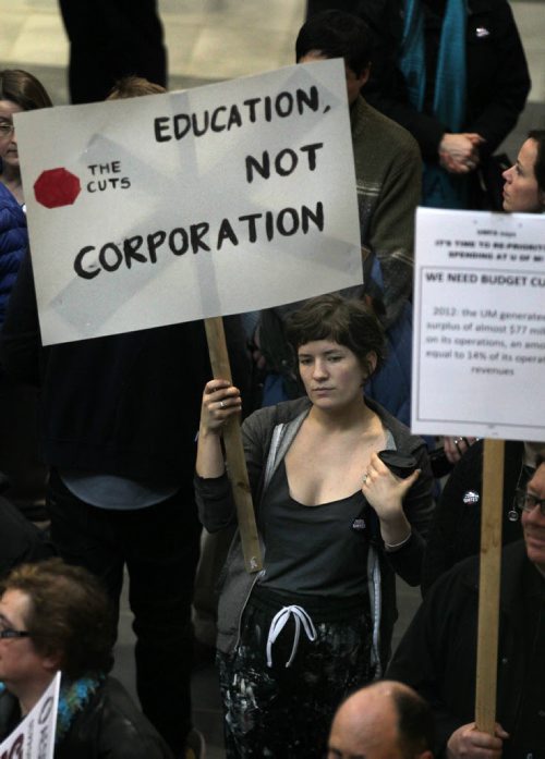 Staff and students gathered at the U of M's Engineering Faculty atrium to protest funding cuts at the Univercity. See Nick Martin's story. January 27, 2015 - (Phil Hossack / Winnipeg Free Press)