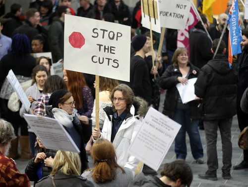 Staff and students gathered at the U of M's Engineering Faculty atrium to protest funding cuts at the Univercity. See Nick Martin's story. January 27, 2015 - (Phil Hossack / Winnipeg Free Press)