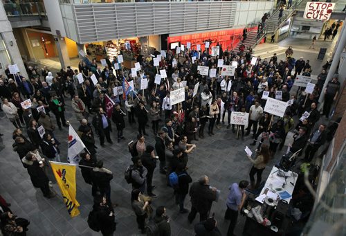 Staff and students gathered at the U of M's Engineering Faculty atrium to protest funding cuts at the Univercity. See Nick Martin's story. January 27, 2015 - (Phil Hossack / Winnipeg Free Press)