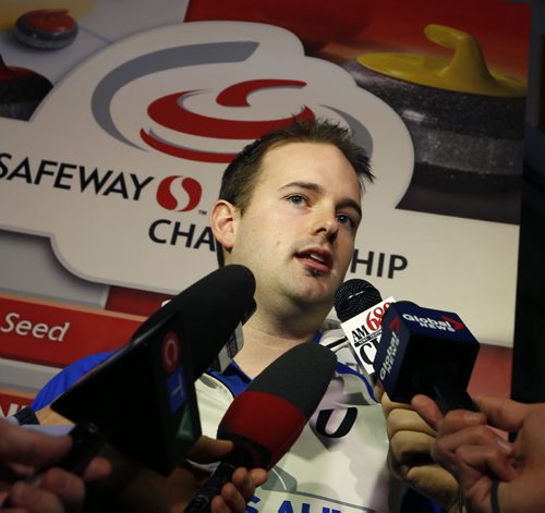 Skip Reid Carruthers  speaks to media after the five seeds in the 2015 Safeway Championship Feb.4-8 at the Keystone Centre in Brandon were revealed at a news conference Wednesday.  Paul Wiecek story Wayne Glowacki/Winnipeg Free Press Jan. 28 2015
