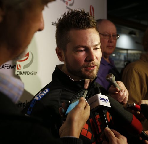 Skip Mike McEwen speaks to media after the five seeds in the 2015 Safeway Championship Feb.4-8 at the Keystone Centre in Brandon were revealed at a news conference Wednesday.  Paul Wiecek story Wayne Glowacki/Winnipeg Free Press Jan. 28 2015