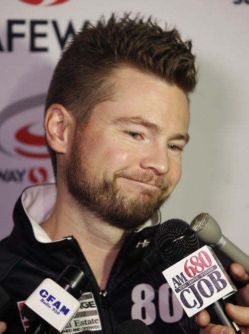 Skip Mike McEwen speaks to media after the five seeds in the 2015 Safeway Championship Feb.4-8 at the Keystone Centre in Brandon were revealed at a news conference Wednesday.  Paul Wiecek story Wayne Glowacki/Winnipeg Free Press Jan. 28 2015