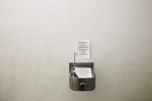 A sign advises against drinking the water at the fountain by the washrooms on the main floor of Buhler Centre at Portage Avenue and Colony Street.      150128 January 28, 2015 Mike Deal / Winnipeg Free Press