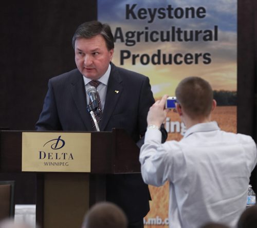 Doug Chorney, pres. of the Keystone Agricultural Producers speaks at their annual meeting in the Delta Wednesday. Murray McNeill story Wayne Glowacki/Winnipeg Free Press Jan. 28 2015