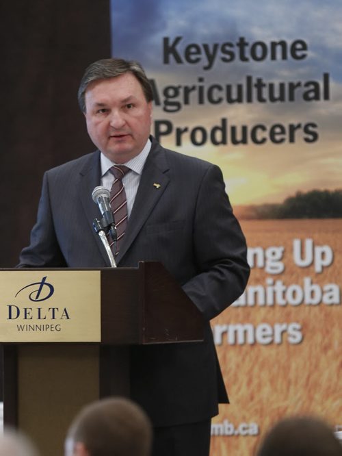 Doug Chorney, pres. of the Keystone Agricultural Producers speaks at their annual meeting in the Delta Wednesday. Murray McNeill story Wayne Glowacki/Winnipeg Free Press Jan. 28 2015