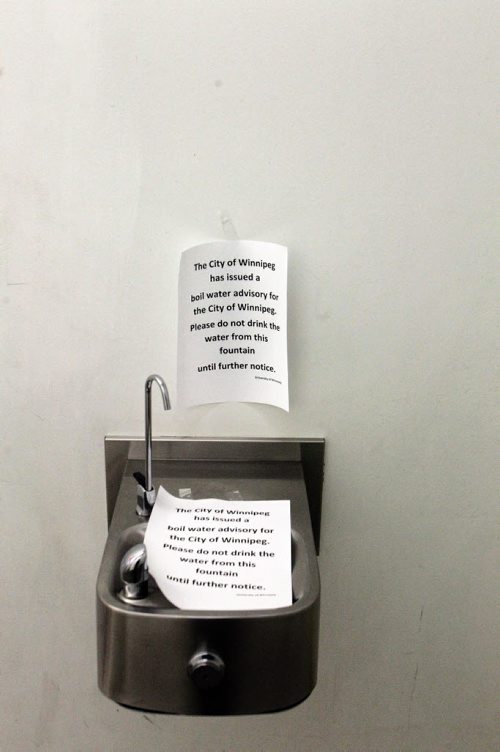 A sign advises against drinking the water at the fountain by the washrooms on the main floor of Buhler Centre at Portage Avenue and Colony Street.      150128 January 28, 2015 Mike Deal / Winnipeg Free Press