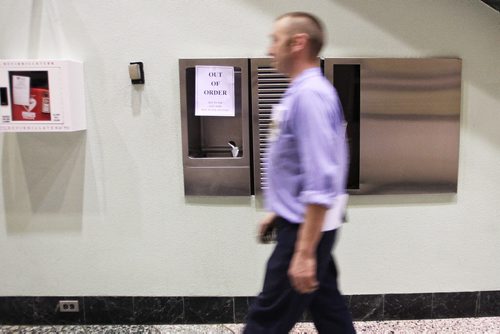 A sign advises against drinking the water at the fountain on the main floor of the Convention Centre. 150128 January 28, 2015 Mike Deal / Winnipeg Free Press