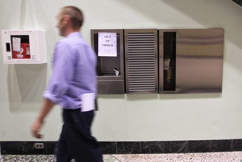 A sign advises against drinking the water at the fountain on the main floor of the Convention Centre. 150128 January 28, 2015 Mike Deal / Winnipeg Free Press