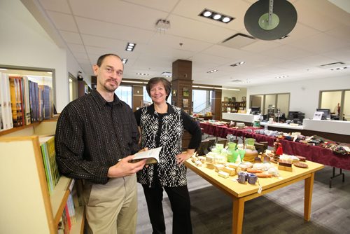 Faith Page Story: Arlyn Friesen-Epp (man) and Anita Neufeld, co-managers of Common Word, a university bookstore in the newly built Marpeck Commons on Grant and Shaftesbury.  Jan 28, 2015 Ruth Bonneville / Winnipeg Free Press
