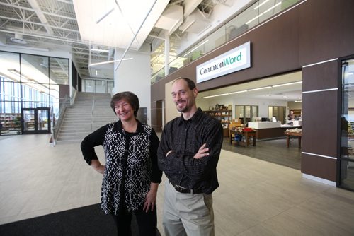 Faith Page Story: Arlyn Friesen-Epp (man) and Anita Neufeld, co-managers of Common Word, a university bookstore in the newly built Marpeck Commons on Grant and Shaftesbury.  Jan 28, 2015 Ruth Bonneville / Winnipeg Free Press
