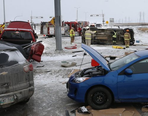 RCMP and Fire Fighters were at the scene of a multi-vehicle collision in the west bound lanes of Hwy.#15 at the Perimeter Friday morning. Wayne Glowacki/Winnipeg Free Press Jan. 30 2015