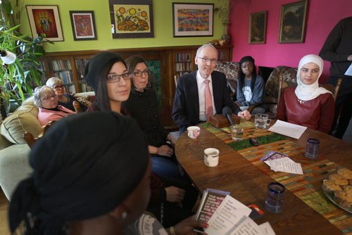 Inside a Wolseley home surrounded by women and next to his daughter MP Niki Ashton, left of steve,- Manitoba NDP leadership candidate Steve Ashton pledged to take action to end sexual violence- He pledged he would provide $1million to the cause if elected premier-See Bruce Owen story- Jan 30, 2015   (JOE BRYKSA / WINNIPEG FREE PRESS)