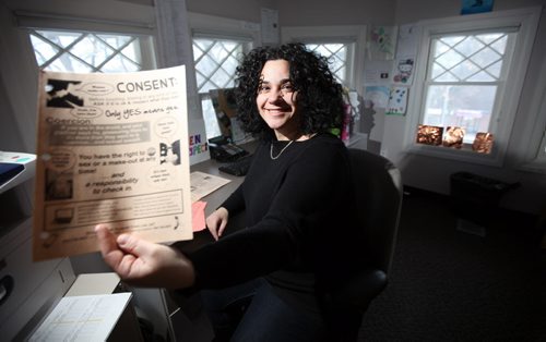 Vycki Atallah of Teen Talk poses in her Broadway Ave office. Sex ed is a hot-button issue, but consent needs to be part of the conversation. Its the first line of defense in preventing sexual assault. Vicki (the photo subject) works for Teen Talk, who does workshops on consent in schools around the province. See Jen Zoratti's story. January 30, 2015 - (Phil Hossack / Winnipeg Free Press)