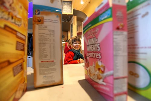Four-year-old peaks through tall boxes of cereal as she decides what kind she would like  at Cinematheque Theatre Saturday.   The theatre ran 3 hours of cartoons from the 60's through the 80's complete with sugary cereals, milk and popcorn.    Standup photo  Jan 31, 2015 Ruth Bonneville / Winnipeg Free Press