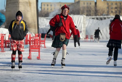 Some daring souls braved the bitter cold and high wind chills to take part in the nation-wide Kilt Skate put on by the Scottish Society of Ottawa honoring the 200th anniversary of Sir John A McDonald's life at The Forks Saturday.  Hot chocolate, birthday cake and a  birthday card for Macdonald will be on hand for people to sign. Standup photo  Jan 31, 2015 Ruth Bonneville / Winnipeg Free Press