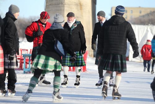 Some daring souls braved the bitter cold and high wind chills to take part in the nation-wide Kilt Skate put on by the Scottish Society of Ottawa honoring the 200th anniversary of Sir John A McDonald's life at The Forks Saturday.  Hot chocolate, birthday cake and a  birthday card for Macdonald will be on hand for people to sign. Standup photo  Jan 31, 2015 Ruth Bonneville / Winnipeg Free Press