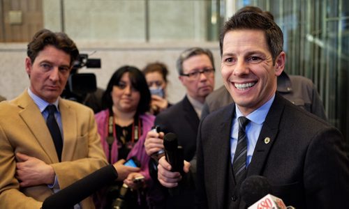 Mayor Brian Bowman holds his "100 Days in Office" press conference just outside council chambers at City Hall Monday afternoon. 150202 February 02, 2015 Mike Deal / Winnipeg Free Press