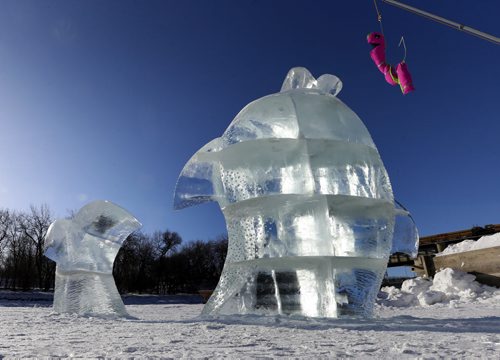 A large ice fish sculpture appears to rise out of the Assiniboine River at The Forks for a worm, this is an entry in the Warming Huts V.2015, An Art + Architecture competition.  The sculpture design called "This Big" by  Tina Soli and Luca Roncoroni, Droebak Akershus from Norway.  Wayne Glowacki/Winnipeg Free Press Feb.4  2015