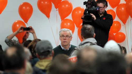 Premier Greg Selinger speaks to a friendly crowd at a leadership rally held in a small but packed room at the Riverview Community Centre Wednesday evening. See story. February 4, 2015 - (Phil Hossack / Winnipeg Free Press)