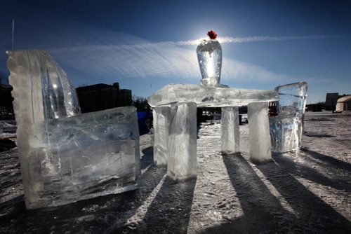 Crew members of the Forks River Trail create an unique table setting for two made with ice harvested from the Red River that can be seen along the river trail at the Forks.  A Cool setting perfect for Valentines Day next weekend. Standup photo.  Feb 04, 2015 Ruth Bonneville / Winnipeg Free Press