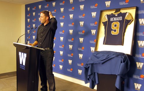 SPORTS - Mike Renaud announces his retirement to the media at the IFG Field media centre. BORIS MINKEVICH / WINNIPEG FREE PRESS  FEB. 5, 2015