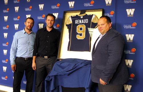 SPORTS - Mike Renaud announces his retirement to the media at the IFG Field media centre. Left to right Bombers General manager, Kyle Walters, Mike Renaud, and bomber President/CEO  Wade Miller.  BORIS MINKEVICH / WINNIPEG FREE PRESS  FEB. 5, 2015