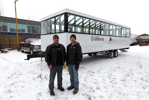 LOCAL -  NATURAL HABITAT'S AURORA POD -New portable northern lights viewing station, custom made for tourism in Churchill, built by Anything Custom on Waverley. Don and Sheldon Walkoski pose for a photo in front of the unit. BORIS MINKEVICH / WINNIPEG FREE PRESS  FEB. 6, 2015