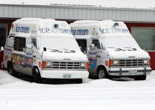 STANDUP WEATHER - Some Dickie Dee Ice Cream Vending Trucks, located at 585 Jarvis Avenue., wait for warmer weather to come. BORIS MINKEVICH / WINNIPEG FREE PRESS  FEB. 6, 2015