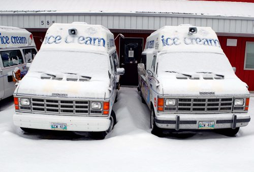 STANDUP WEATHER - Some Dickie Dee Ice Cream Vending Trucks, located at 585 Jarvis Avenue., wait for warmer weather to come. BORIS MINKEVICH / WINNIPEG FREE PRESS  FEB. 6, 2015