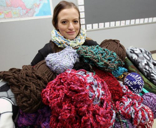 Alex Arrigo. is a Grade 12 student at JH Bruns Collegiate who recently launched a project where she got people to donate yarn. Alex and her friends are in the midst of using the yarn to knit 60 scarves for children in Grades 1-3 in the Louis Riel School Division.-See Aaron Epp volunteer column - Feb 06, 2015   (JOE BRYKSA / WINNIPEG FREE PRESS)