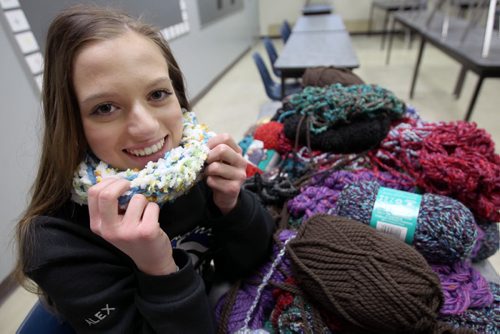 Alex Arrigo. is a Grade 12 student at JH Bruns Collegiate who recently launched a project where she got people to donate yarn. Alex and her friends are in the midst of using the yarn to knit 60 scarves for children in Grades 1-3 in the Louis Riel School Division.-See Aaron Epp volunteer column - Feb 06, 2015   (JOE BRYKSA / WINNIPEG FREE PRESS)