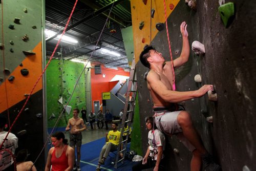 One of the best rated climbers in the province, Guian Gumpac, 17yrs-old, participates with fellow Winnipeg rock climbers as they attempt  to set a new Guinness World Record Saturday by climbing the height of Mount Everest on an indoor wall faster than anyone has ever done it. This attempt is part of a charity event called Climb for Kids a 24-hour climb-a-thon to raise money for Kidsport Winnipeg. 
Update:  The Vertical Adventures' team celebrate breaking the World Record for fastest team to climb the height of Mt. Everest on an indoor wall! They killed it-3:27.10 beating it by just under an hour.  
 Standup photo Feb 07, 2015 Ruth Bonneville / Winnipeg Free Press