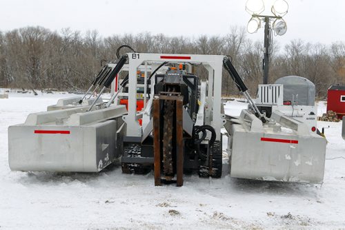 STANDUP - Ice cutting machines are marshalling at the End of Main at Netley Creek, north of Selkirk, Manitoba. North Red Waterways Maintenance Corp. runs the operation. The units are all unmanned remote controlled. When they cut the operator will be in an amphibious Argo a safe distance away from the actual cutting. The crew will cut for 4-6 weeks and then the Amphibex ice breakers will move in to open up the waterway. BORIS MINKEVICH / WINNIPEG FREE PRESS  FEB. 9, 2015