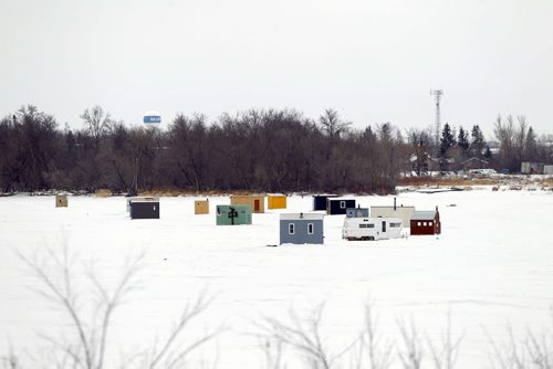 STANDUP - Ice fishing shacks village north of Selkirk, Manitoba. BORIS MINKEVICH / WINNIPEG FREE PRESS  FEB. 9, 2015
