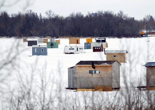 STANDUP - Ice fishing shacks village north of Selkirk, Manitoba. BORIS MINKEVICH / WINNIPEG FREE PRESS  FEB. 9, 2015