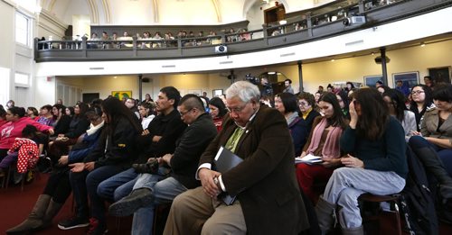 In centre, Justice Murray Sinclair later spoke at the forum at the University of Winnipeg Monday called Inquiring Minds: Understanding the call for, role of and limitations on an inquiry into Missing and Murdered Indigenous Women and Girls. Mia Rabson story. Wayne Glowacki/Winnipeg Free Press Feb.9  2015