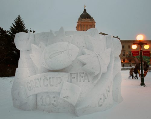Officials from the 103rd Grey Cup, the 2015 FIFA Women's World Cup and Festival Voyageur will join Premier Greg Selinger to unveil this snow sculpture in front of the Manitoba Legislature later this morning  Standup Photo - Feb 10, 2015   (JOE BRYKSA / WINNIPEG FREE PRESS)
