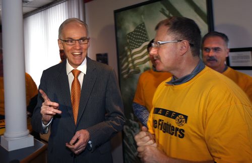 At right, Alex Forrest, president of the United Fire Fighters of Winnipeg made it official Tuesday to back Steve Ashton. Larry Kusch story Wayne Glowacki/Winnipeg Free Press Feb.10   2015