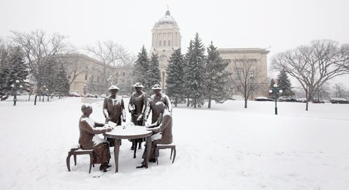 Left to right, Henrietta Muir Edwards, Emily Murphy, Irene Parlby, Louise McKinney, and Nellie McClung in a legislative ground statue. See Jenn Zoratti's story.  February 10, 2015 - (Phil Hossack / Winnipeg Free Press)