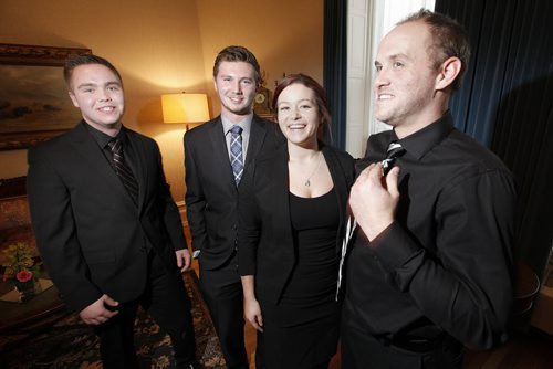 February 10, 2015 - 150210  -  (L to R) Colton Spraggs,  Tyler Curle, Brianna Workmann, Whitney Thorp (missing) and Danny Stone (missing) saved their friend Dennis Zboril from drowning when he had a cardiac arrest while tubing at Lake Minnedosa on August 19 , 2013. The friends received the National Rescue Commendation Awards Tuesday, February 10, 2015. John Woods / Winnipeg Free Press