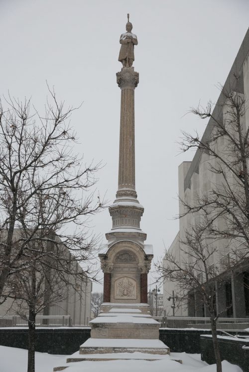 The large monument between the Concert Hall and Manitoba Museum is dedicated to the fallen members of the 90th Rifles (now the Royal Winnipeg Rifles) who defeated the Riel led Metis forces at Fish Creek and Batoche. The soldier at the top is representative of a member of the Winnipeg Rifles, most likely wearing formal dress. 150210 - Tuesday, February 10, 2015 - (Melissa Tait / Winnipeg Free Press)