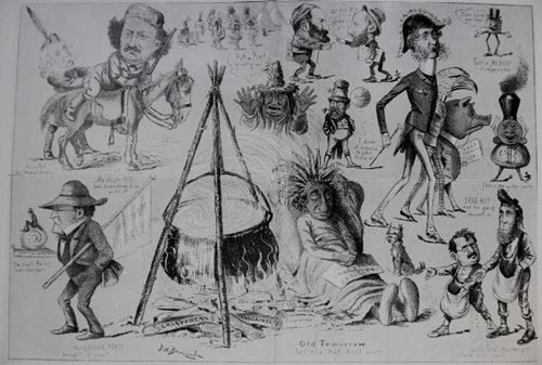 A variety of editorial cartoons produced during the time of the North West Rebellion in 1885. Archives of Manitoba, NW Rebellion 44