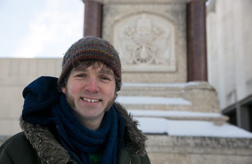 Matt McRae, a PhD candidate in history from the University of Western Ontario at the monument between the Concert Hall and Manitoba Museum, which is dedicated to the fallen members of the 90th Rifles (now the Royal Winnipeg Rifles) who defeated the Riel led Metis forces at Fish Creek and Batoche. 150208 - Sunday, February 08, 2015 - (Melissa Tait / Winnipeg Free Press)